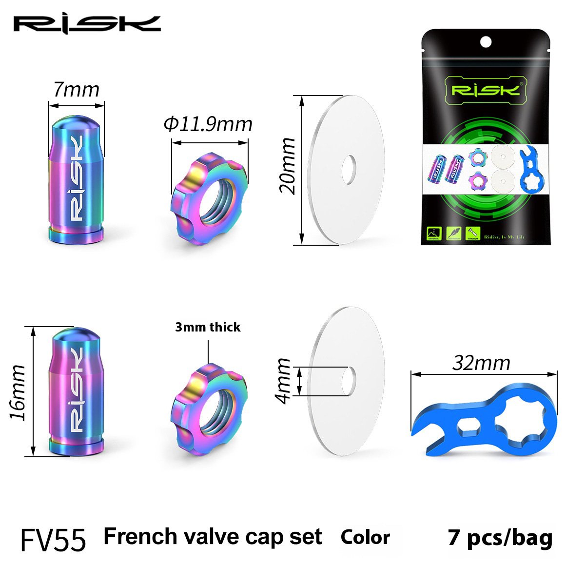 RISK Rarts Bicycle Valve Caps for Mountain and Road Bikes Titanium Alloy Presta and Schrader Valve French and American Dust Covers Nut and Cap FV55/AV55