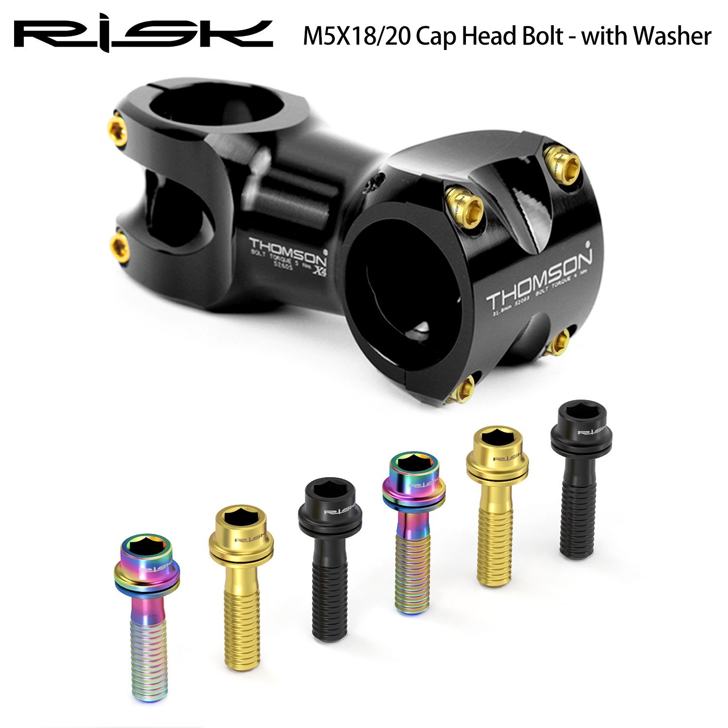 RISK Parts M5x18/20mm Titanium Alloy Handlebar Stem Screw Bolts with Washer for Mountain Road Bike Fork Fixation RT133-134