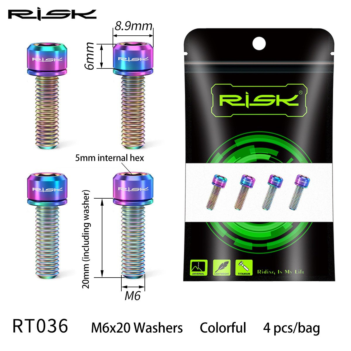 RISK Parts Mountain Bike M6x18/20 Brake Caliper Colorful Titanium Alloy Washer Screws Bolts RT035/036