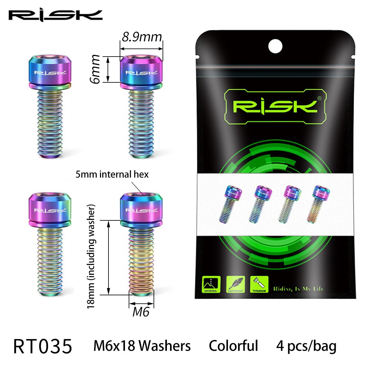 RISK Parts Mountain Bike M6x18/20 Brake Caliper Colorful Titanium Alloy Washer Screws Bolts RT035/036