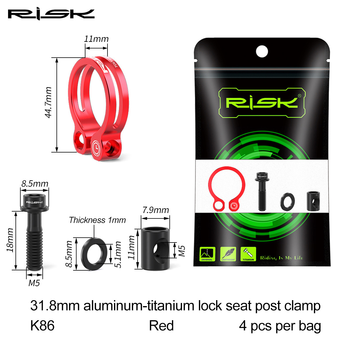 RISK Parts K86 Mountain/Road Bike Aluminum Alloy Titanium Screw Locking Seat Clamp 31.8 Seatpost Clamp 34.9mm K86