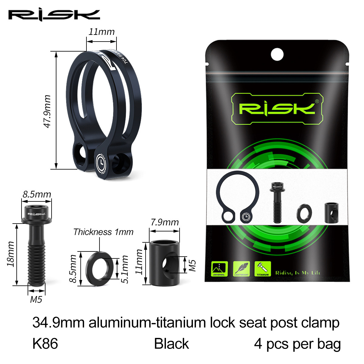 RISK Parts K86 Mountain/Road Bike Aluminum Alloy Titanium Screw Locking Seat Clamp 31.8 Seatpost Clamp 34.9mm K86