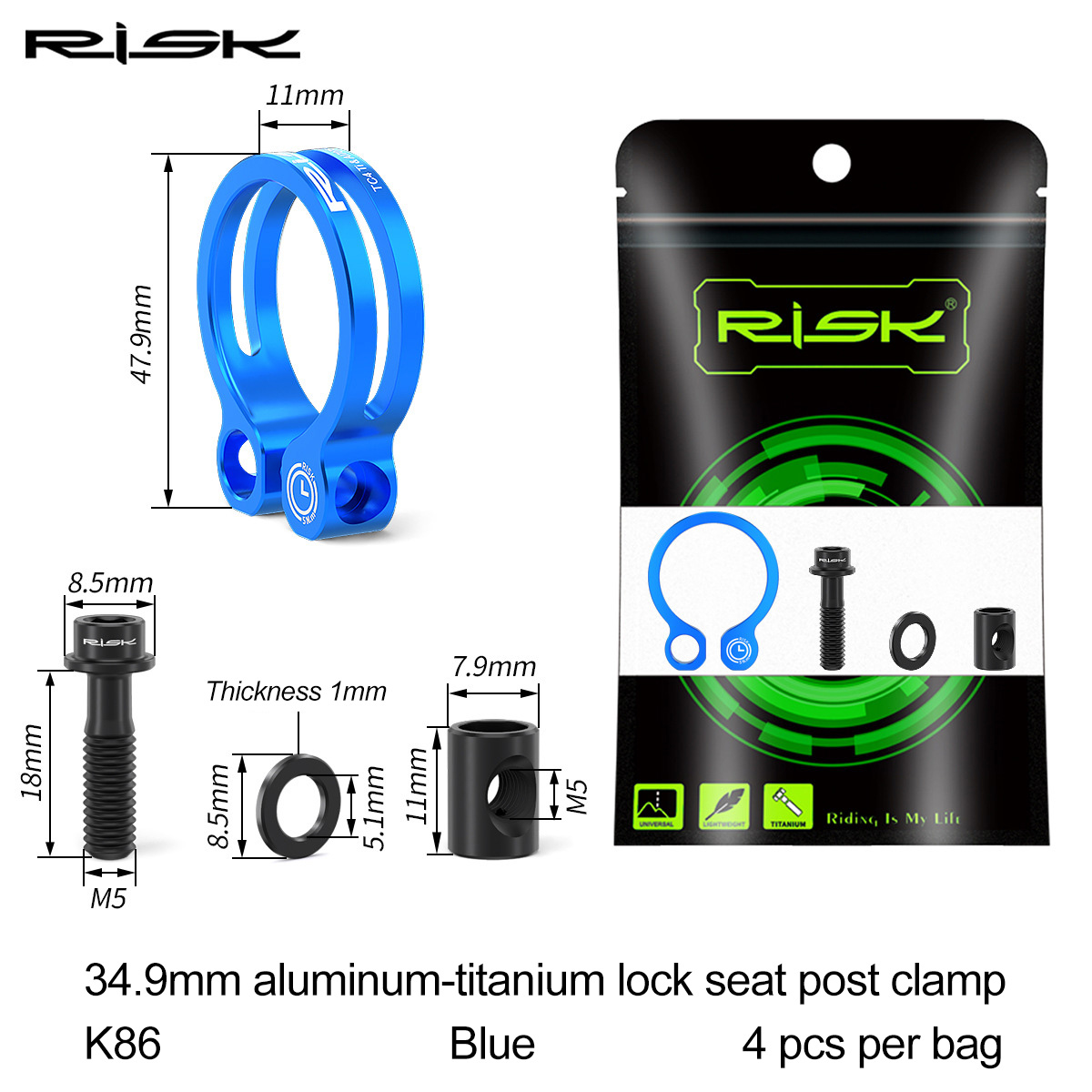 RISK Parts K86 Mountain/Road Bike Aluminum Alloy Titanium Screw Locking Seat Clamp 31.8 Seatpost Clamp 34.9mm K86