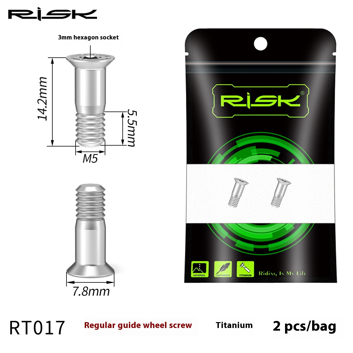 RISK Parts Mountain and Road Bike Titanium Alloy Rear Derailleur Jockey Wheel Screws Chain Guide Pulley Screws Flat Head Derailleur Screws RT017 RT018