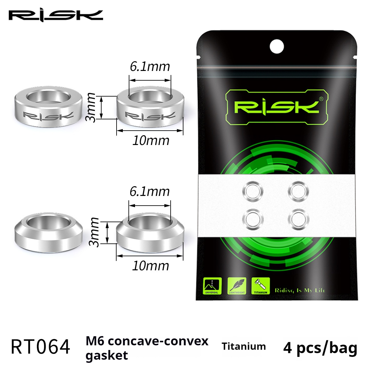 RISK Parts Mountain and BMX Bike M6 Titanium Alloy Screws Concave-Convex Washers Brake Caliper XT Disc Brake Fixing XTR RT064