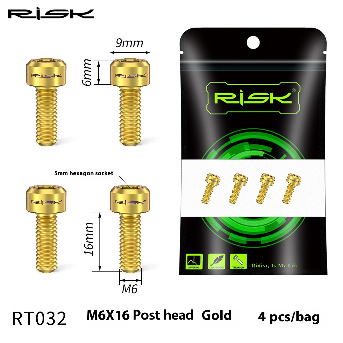 RISK Parts M6x16/18/20 Mountain Bike Disc Brake Caliper Fixing Screws Titanium Alloy Brake Screws RT032/RT033/RT034
