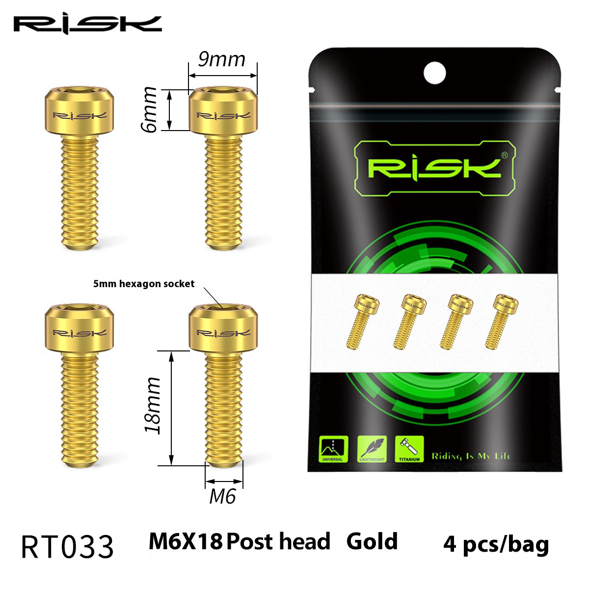 RISK Parts M6x16/18/20 Mountain Bike Disc Brake Caliper Fixing Screws Titanium Alloy Brake Screws RT032/RT033/RT034
