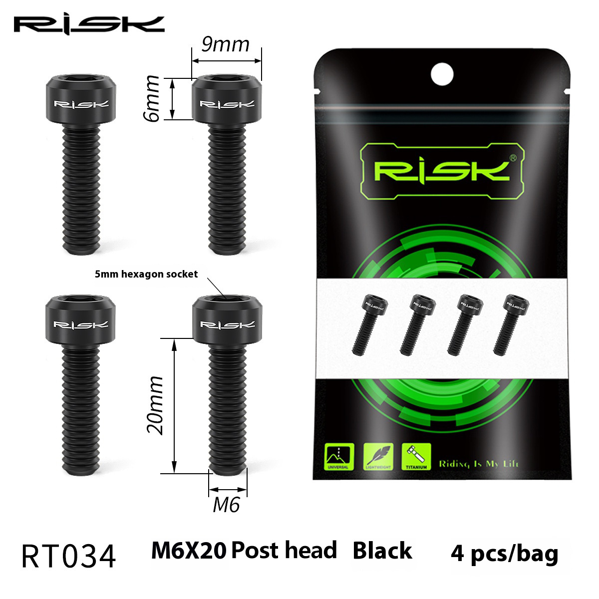 RISK Parts M6x16/18/20 Mountain Bike Disc Brake Caliper Fixing Screws Titanium Alloy Brake Screws RT032/RT033/RT034