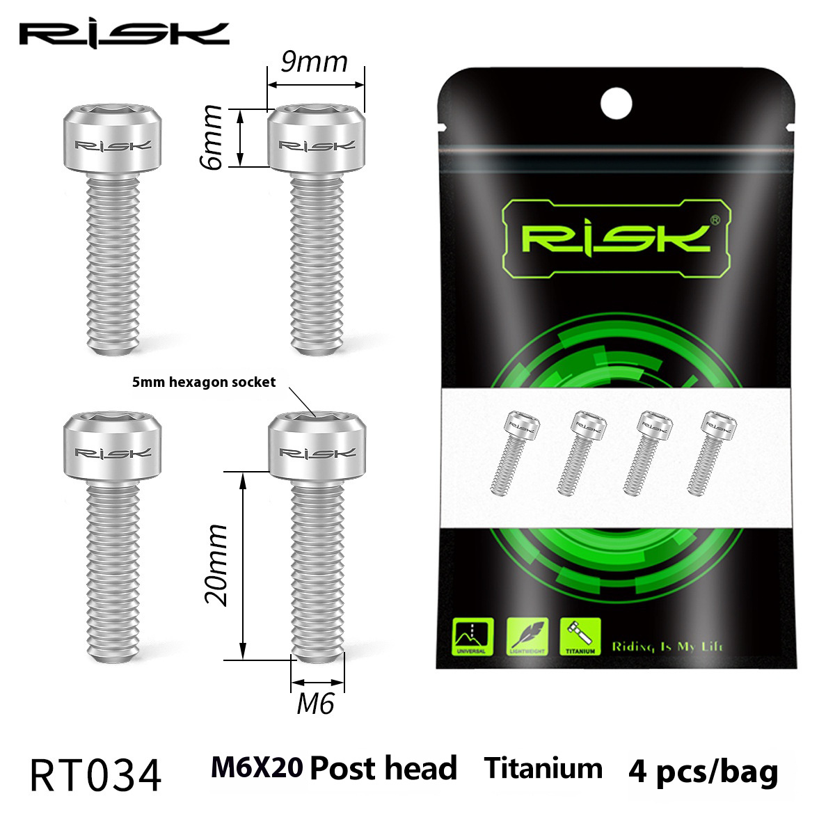 RISK Parts M6x16/18/20 Mountain Bike Disc Brake Caliper Fixing Screws Titanium Alloy Brake Screws RT032/RT033/RT034