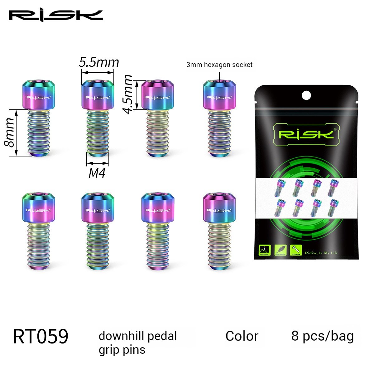 RISK Parts Mountain Bike XC Cross-Country Titanium Alloy Pedal Pins Hexagonal Anti-Slip Pins Boxed RT058 RT059