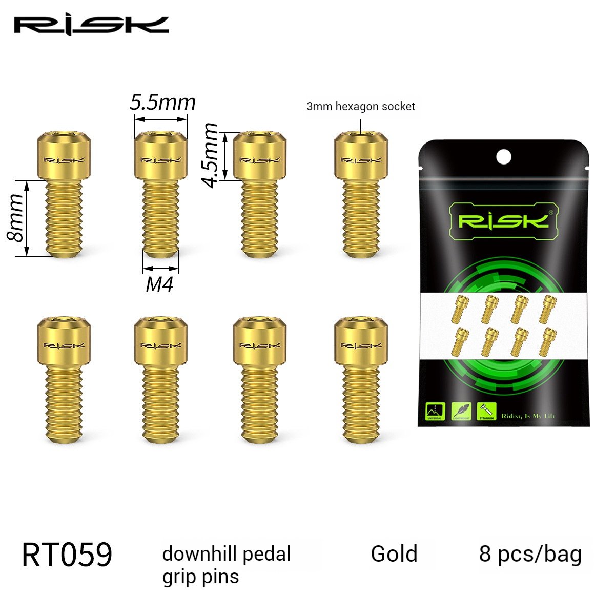 RISK Parts Mountain Bike XC Cross-Country Titanium Alloy Pedal Pins Hexagonal Anti-Slip Pins Boxed RT058 RT059