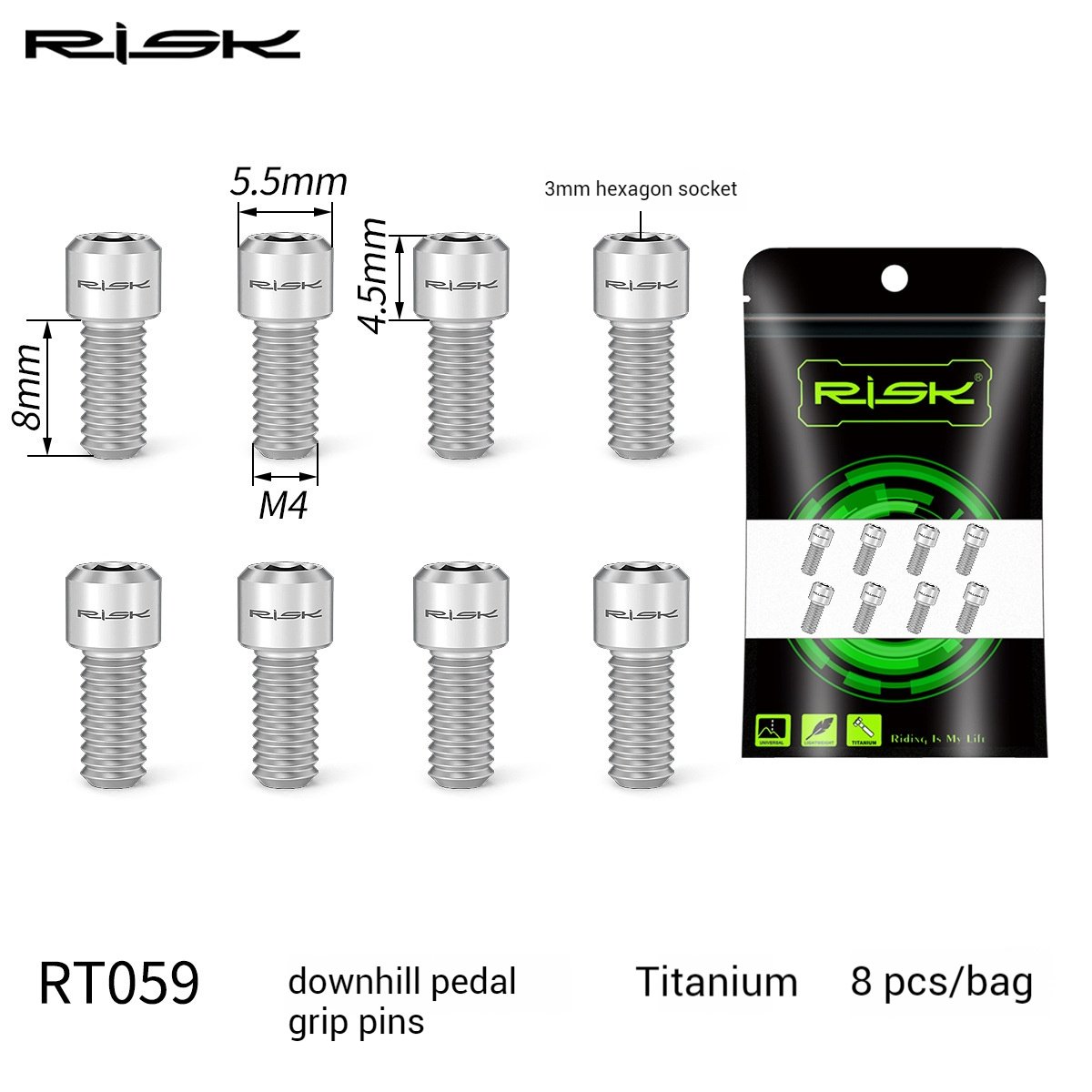 RISK Parts Mountain Bike XC Cross-Country Titanium Alloy Pedal Pins Hexagonal Anti-Slip Pins Boxed RT058 RT059