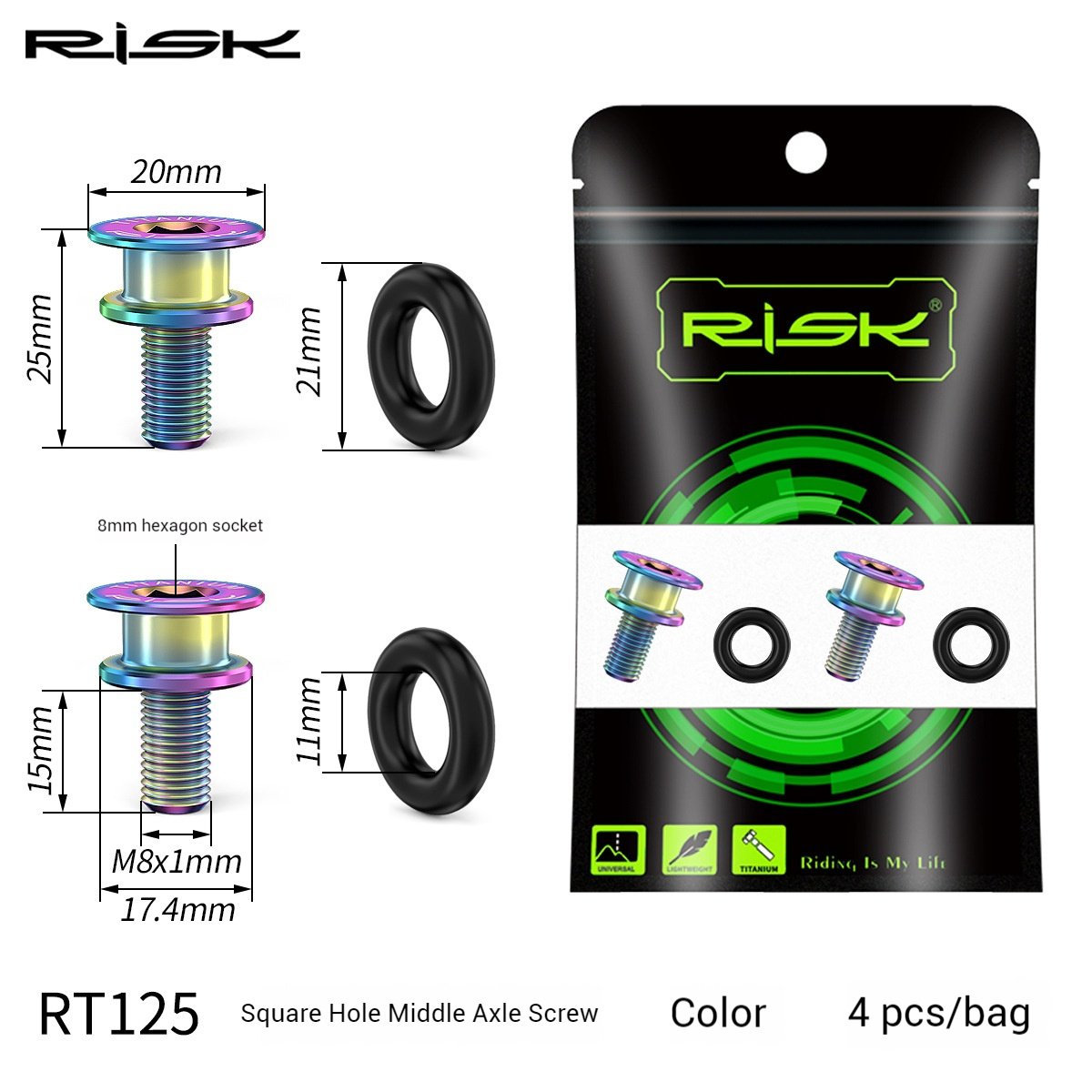 RISK Parts Mountain Bike Titanium Alloy Square Hole M8x15mm Middle Axle Fixing Screw Waterproof Small Cloth 412 Folding Bike RT125