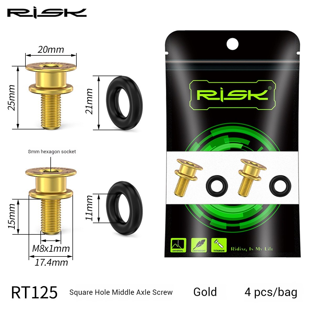 RISK Parts Mountain Bike Titanium Alloy Square Hole M8x15mm Middle Axle Fixing Screw Waterproof Small Cloth 412 Folding Bike RT125