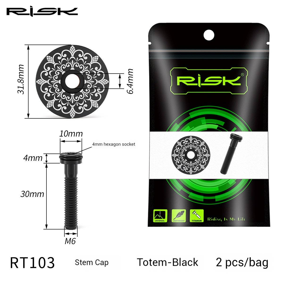 RISK Parts Titanium Alloy Headset Cap for Mountain and Road Bikes 28.6mm Fork RT103