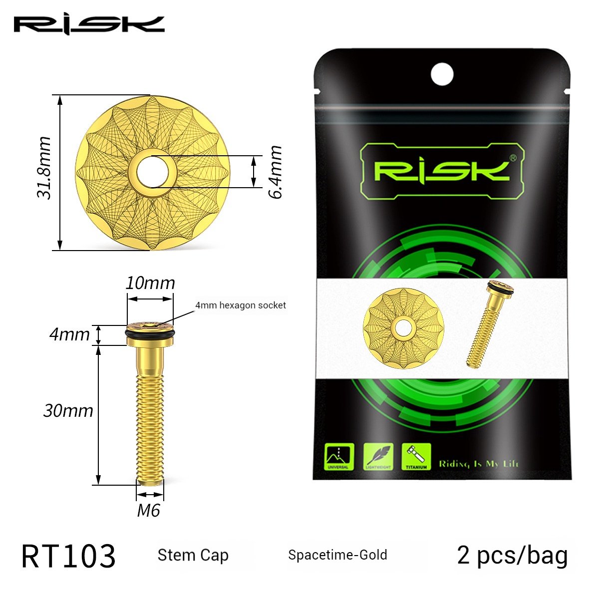 RISK Parts Titanium Alloy Headset Cap for Mountain and Road Bikes 28.6mm Fork RT103