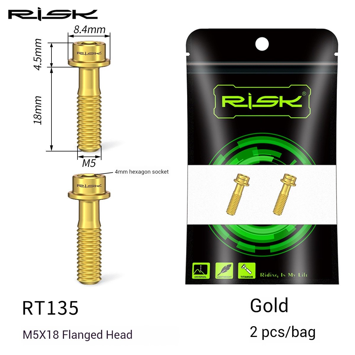 RISK Parts M5x18mm Mountain Bike Titanium Alloy Brake Lever Screw Hollow Fixing Flanged Head RT027 RT135