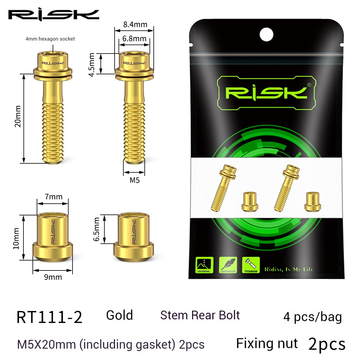 RISK Parts Mountain and Road Bike Titanium Alloy Stem Screws Carbon Fiber Integrated Drop Bars Fork Locking Nuts RT111-1/RT111-2