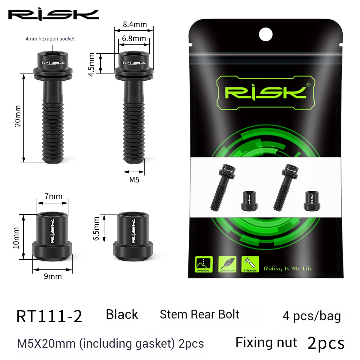 RISK Parts Mountain and Road Bike Titanium Alloy Stem Screws Carbon Fiber Integrated Drop Bars Fork Locking Nuts RT111-1/RT111-2