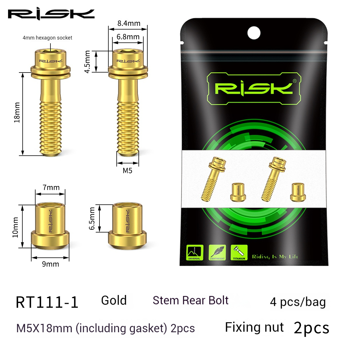 RISK Parts Mountain and Road Bike Titanium Alloy Stem Screws Carbon Fiber Integrated Drop Bars Fork Locking Nuts RT111-1/RT111-2