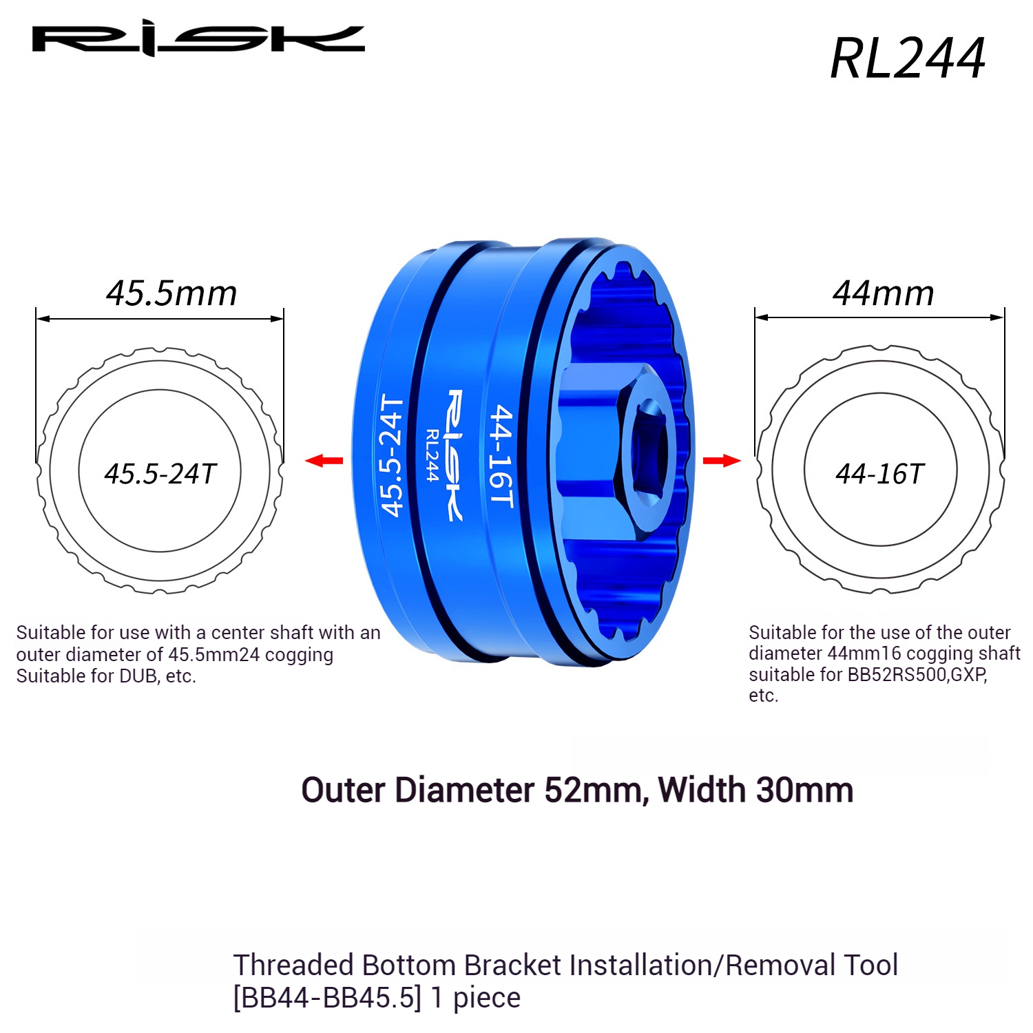 RISK Parts Mountain Road Bicycle Hollow Integrated Bottom Bracket Wrench DUB Crankset Installation and Removal Tool BB52 RL244 RL245 RL246 RL247
