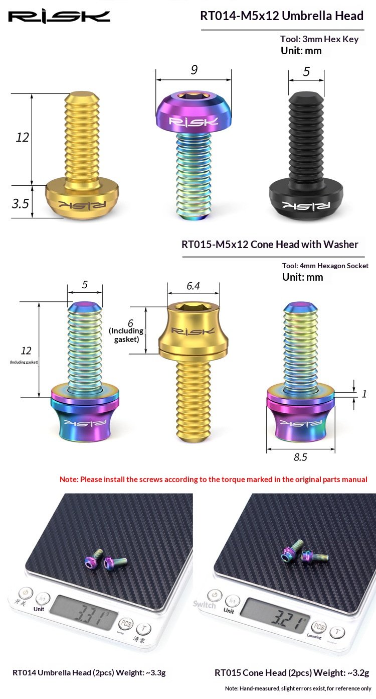 RISK Parts Titanium Alloy Water Bottle Cage Mounting Screw M5x12mm with Washer for Mountain and Road Bikes RT014/RT015