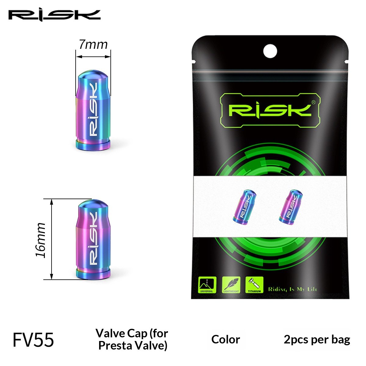 RISK FV55/AV55 Titanium Bicycle Valve Caps – Presta & Schrader Bike Tire Valve Dust Covers for Road MTB Bikes