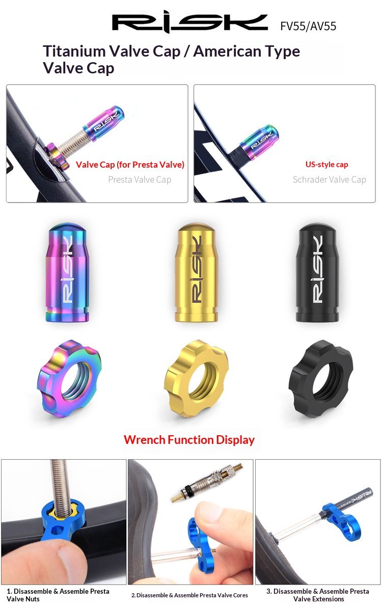 RISK FV55/AV55 Titanium Bicycle Valve Caps – Presta & Schrader Bike Tire Valve Dust Covers for Road MTB Bikes