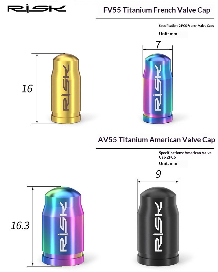 RISK FV55/AV55 Titanium Bicycle Valve Caps – Presta & Schrader Bike Tire Valve Dust Covers for Road MTB Bikes