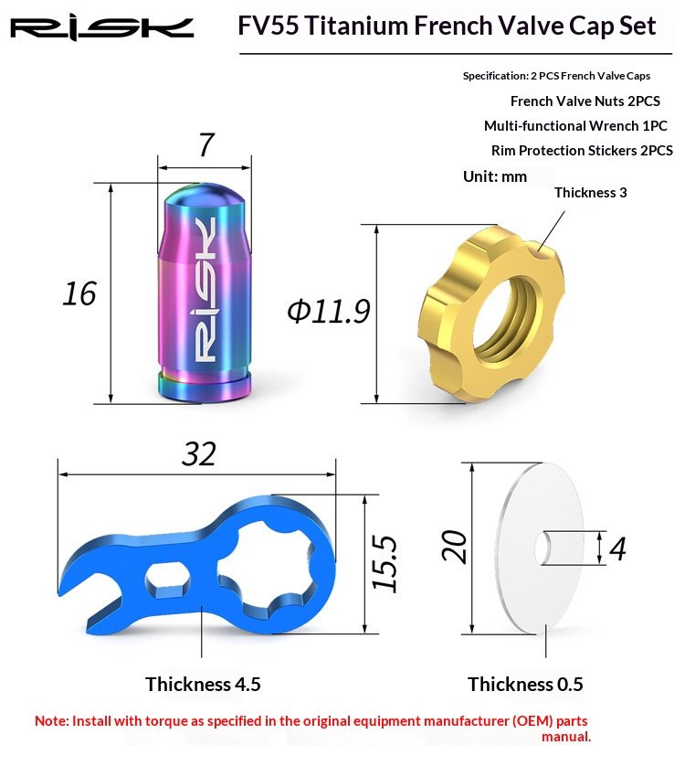 RISK FV55/AV55 Titanium Bicycle Valve Caps – Presta & Schrader Bike Tire Valve Dust Covers for Road MTB Bikes