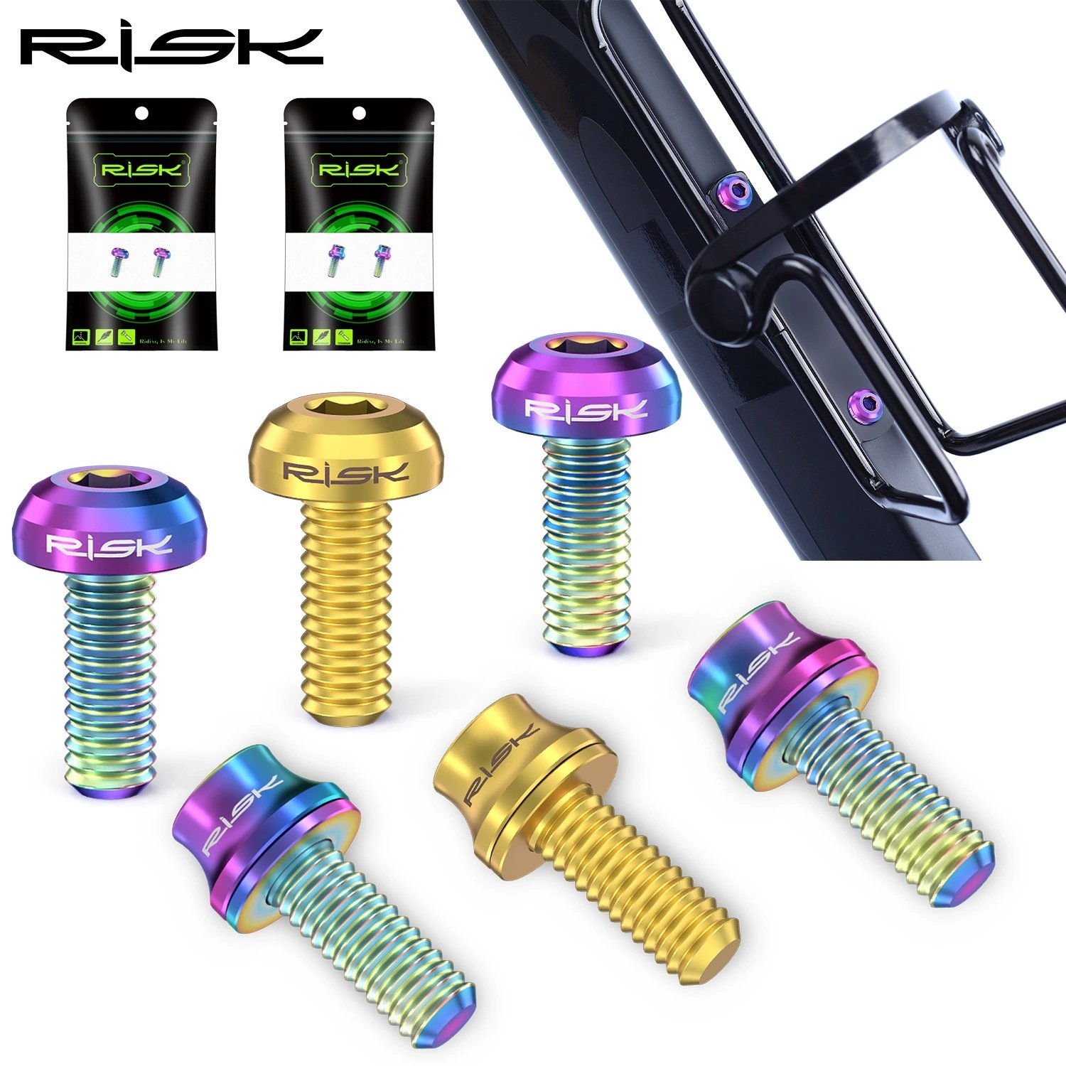 RISK Titanium Bike Bottle Cage Bolts M5 x 12mm with Washer, Lightweight Bicycle Water Bottle Cage Screws for MTB Road Bike Pump Mount, 2pcs