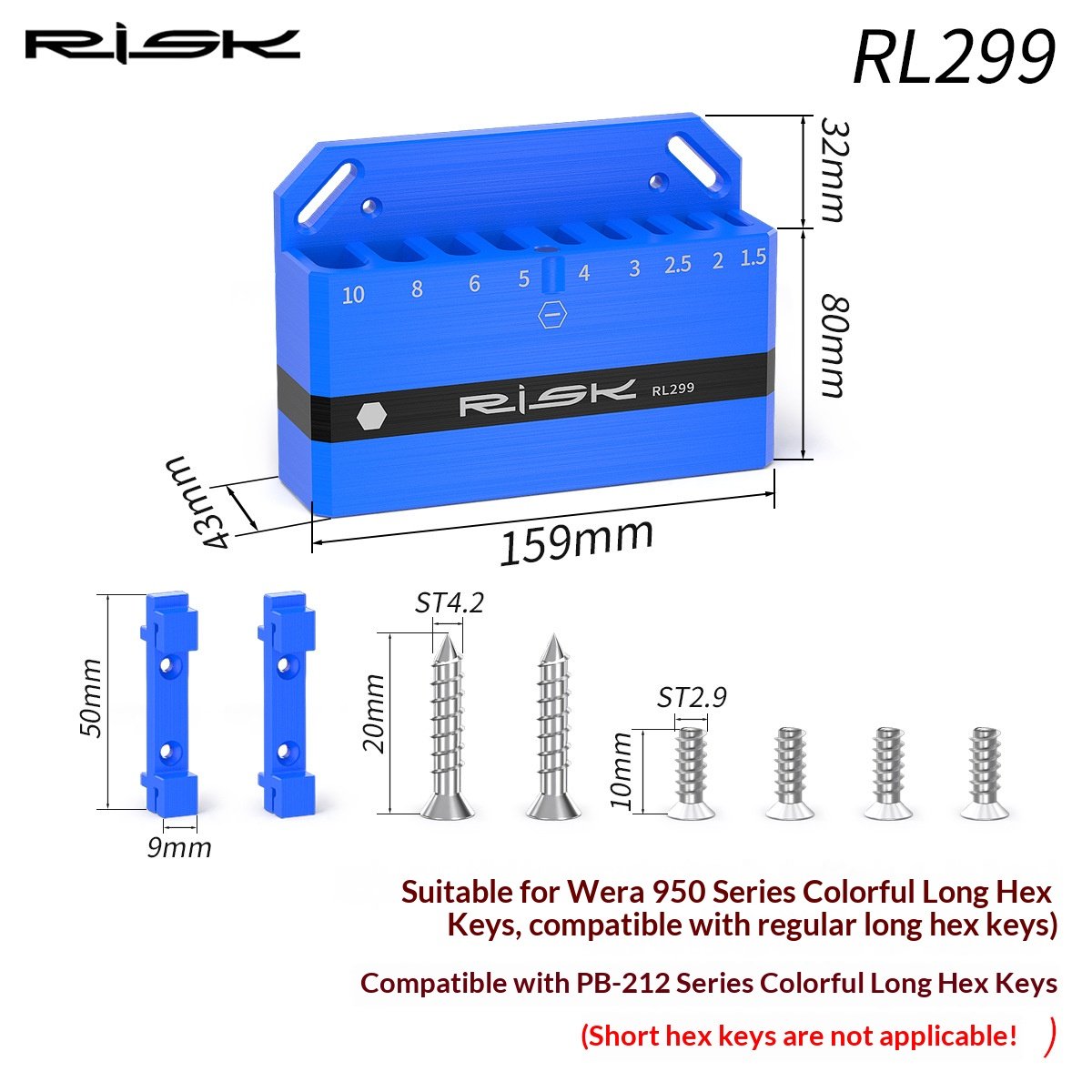 RISK Wall-Mounted Organizer Rack for Long Hex Key & Torx Wrench Sets, Bike Tool Storage Holder, RL299/RL300