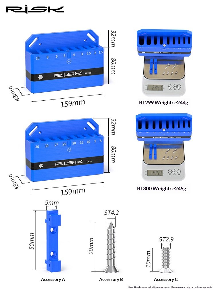 RISK Wall-Mounted Organizer Rack for Long Hex Key & Torx Wrench Sets, Bike Tool Storage Holder, RL299/RL300