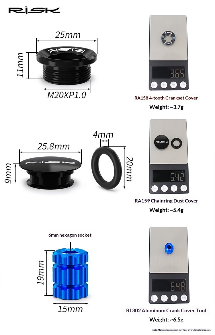 RISK Aluminum Bike Crank Cap, Chainring Dust Cover & Crank Cap Tool for Hollowtech Cranks RA158/RA159/RL302