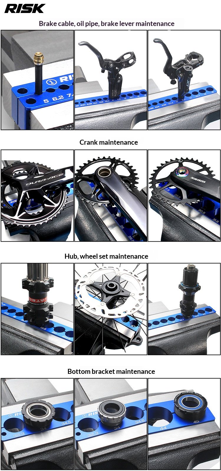 RISK RL320–RL326 Bicycle Bench Vise Clamp Blocks Set, Aluminum Bike Repair Holding Fixture for Bottom Bracket, Hub, Fork, Shock, Pedal and Crank Maintenance