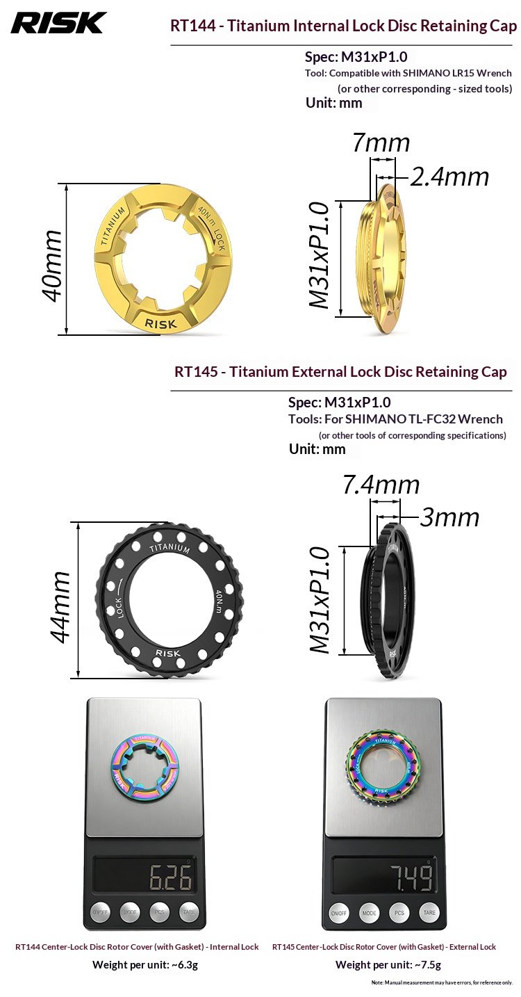 RISK RT144/RT145 Titanium Center Lock Disc Rotor Lockring with Washer, Internal & External Type for Road Bike Centerlock Hubs