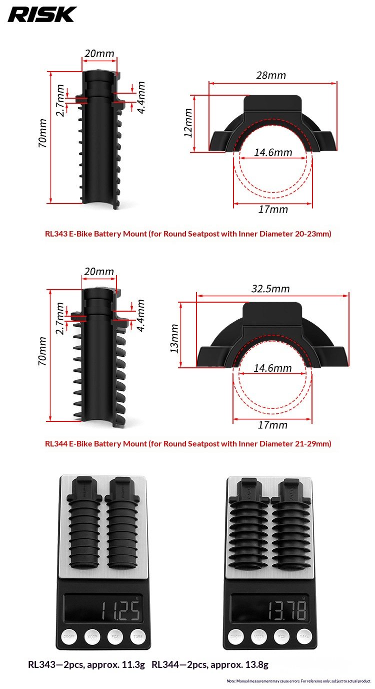 RISK RL343/RL344 Di2 Electronic Shifting Battery Holder Sleeve for Round Seatposts, Rubber Battery Mount Adapter for Shimano BT-DN300