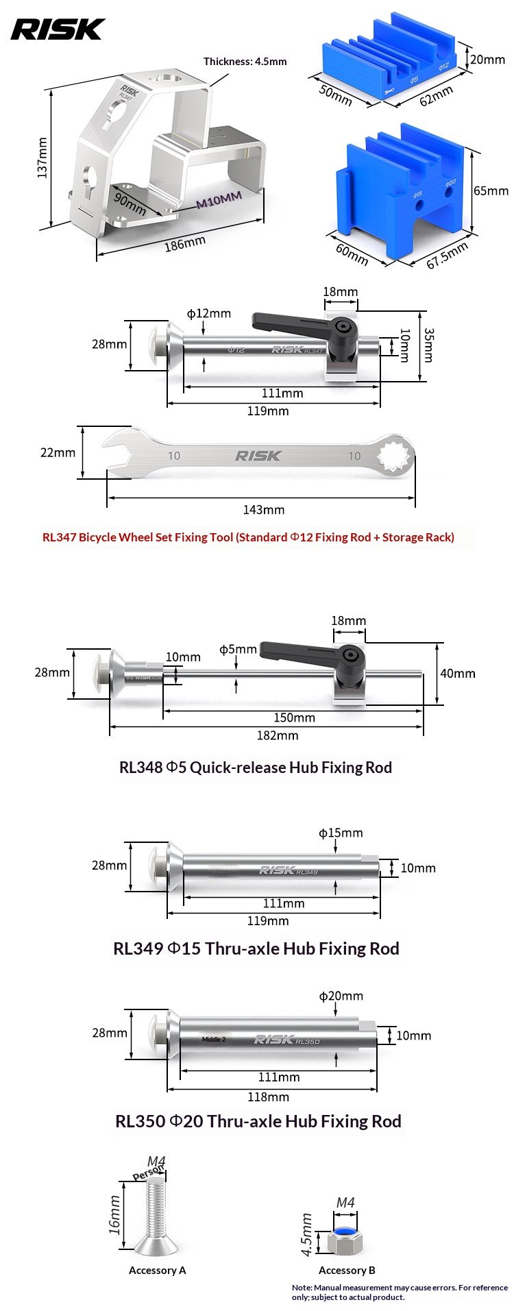 RISK RL347-350 Bicycle Wheel Hub Fixing Tool Set for MTB Road Bike Wheelset Maintenance, Quick Release & Thru Axle Hub Holder