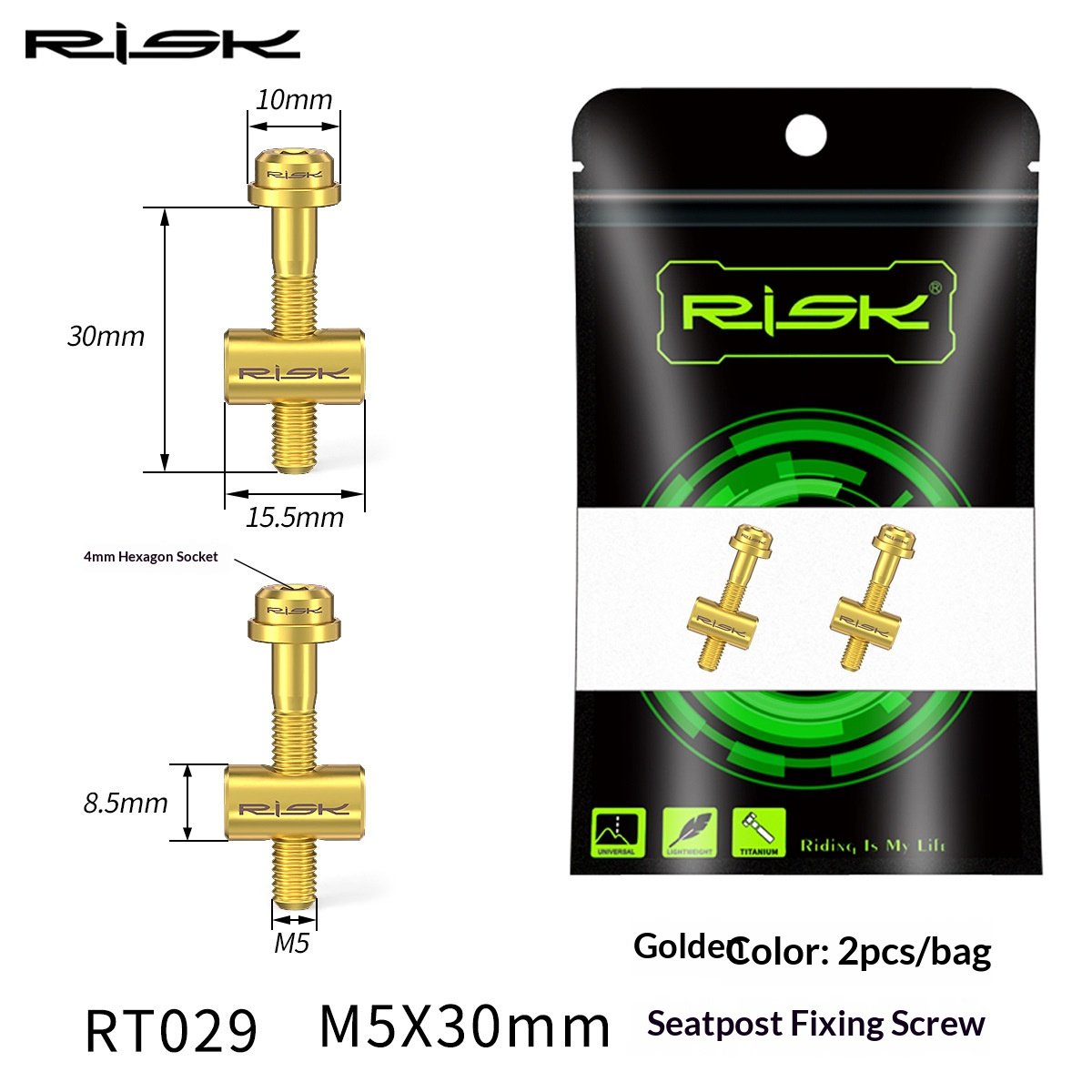 RISK RT029/RT030 Titanium M5 Seatpost Clamp Bolts 30mm/40mm for Bicycle Seatpost Stem Clamp, 2pcs