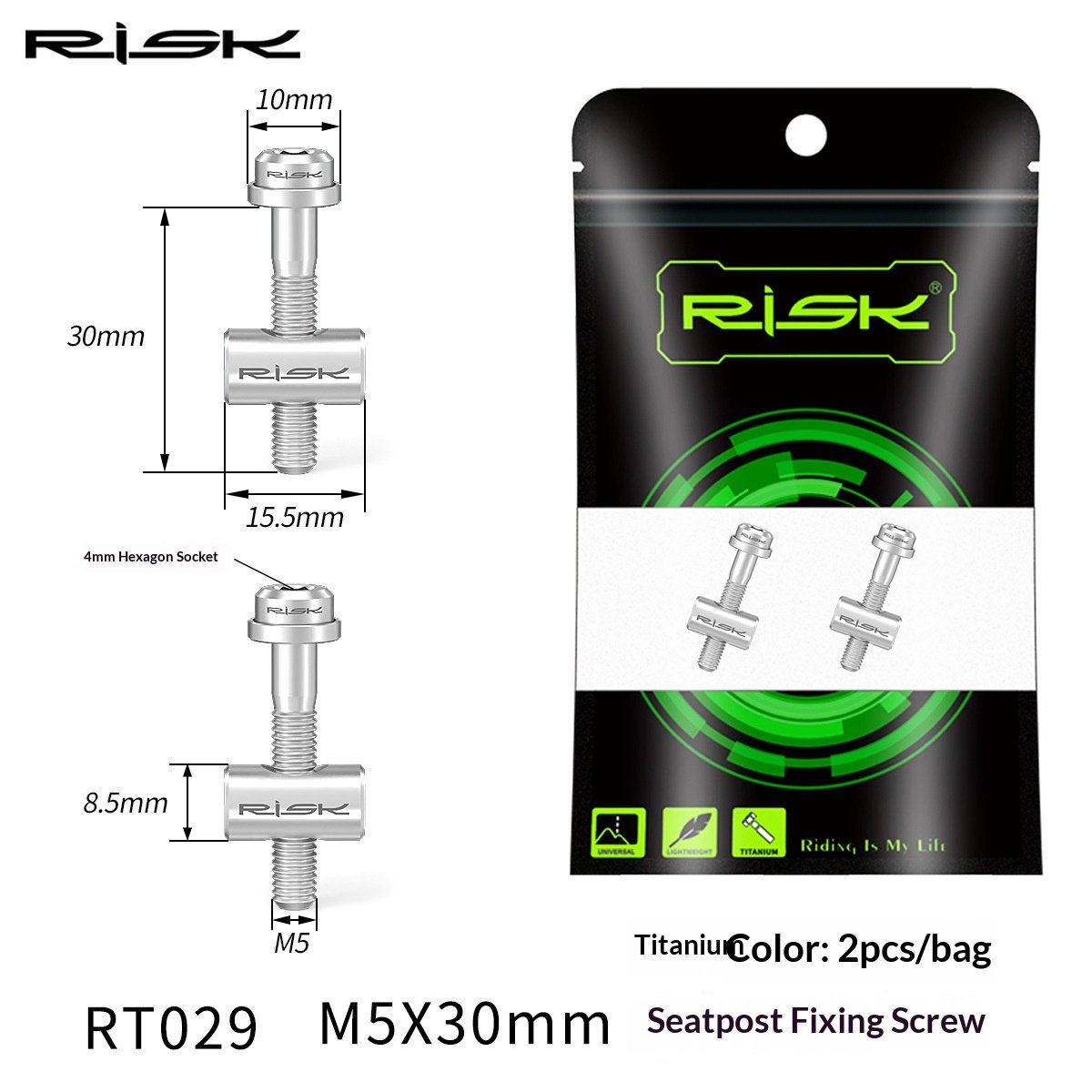 RISK RT029/RT030 Titanium M5 Seatpost Clamp Bolts 30mm/40mm for Bicycle Seatpost Stem Clamp, 2pcs