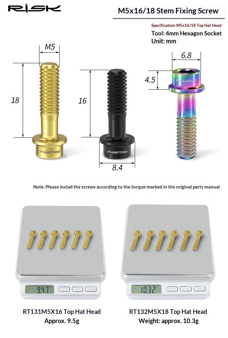 RISK RT131/RT132 Titanium M5 Stem Bolts 6pcs for Road MTB Bikes