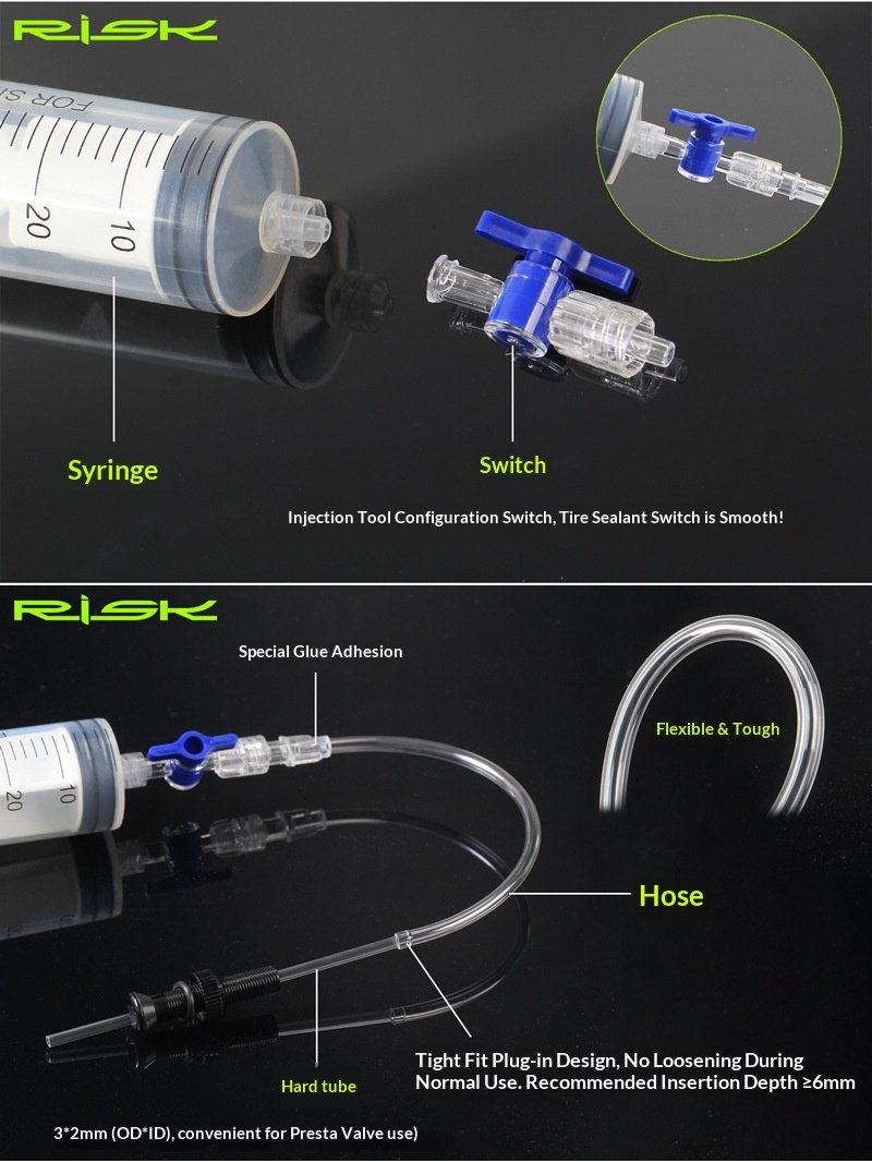RISK RL225 Tubeless Tire Sealant Injector Syringe Kit for Road & MTB Bikes