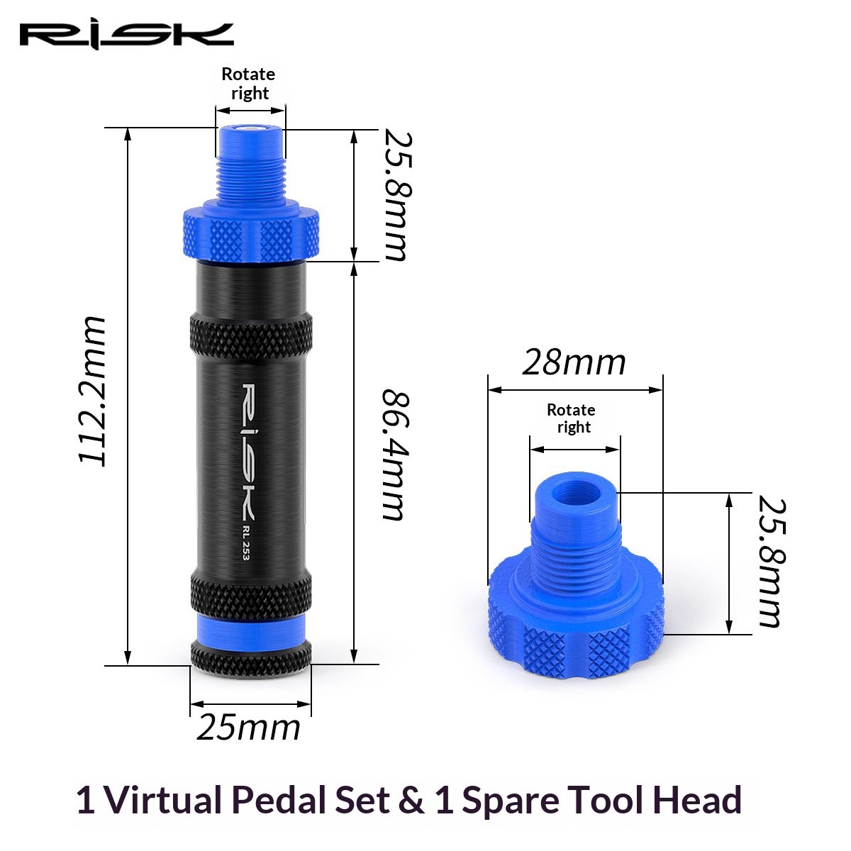 RISK RL253 Bicycle Dummy Pedal Repair Tool, Right Thread Virtual Pedal for Drivetrain Adjustment with Spare Tool Head