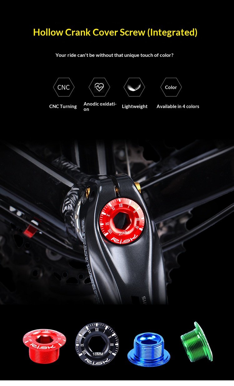 RISK 155 Aluminum Alloy Hollow Crank Arm Cap Bolt — M18/M20 × 9mm BB Bottom Bracket Dust Cover for Mountain & Road Bike, 10mm Hex Drive,