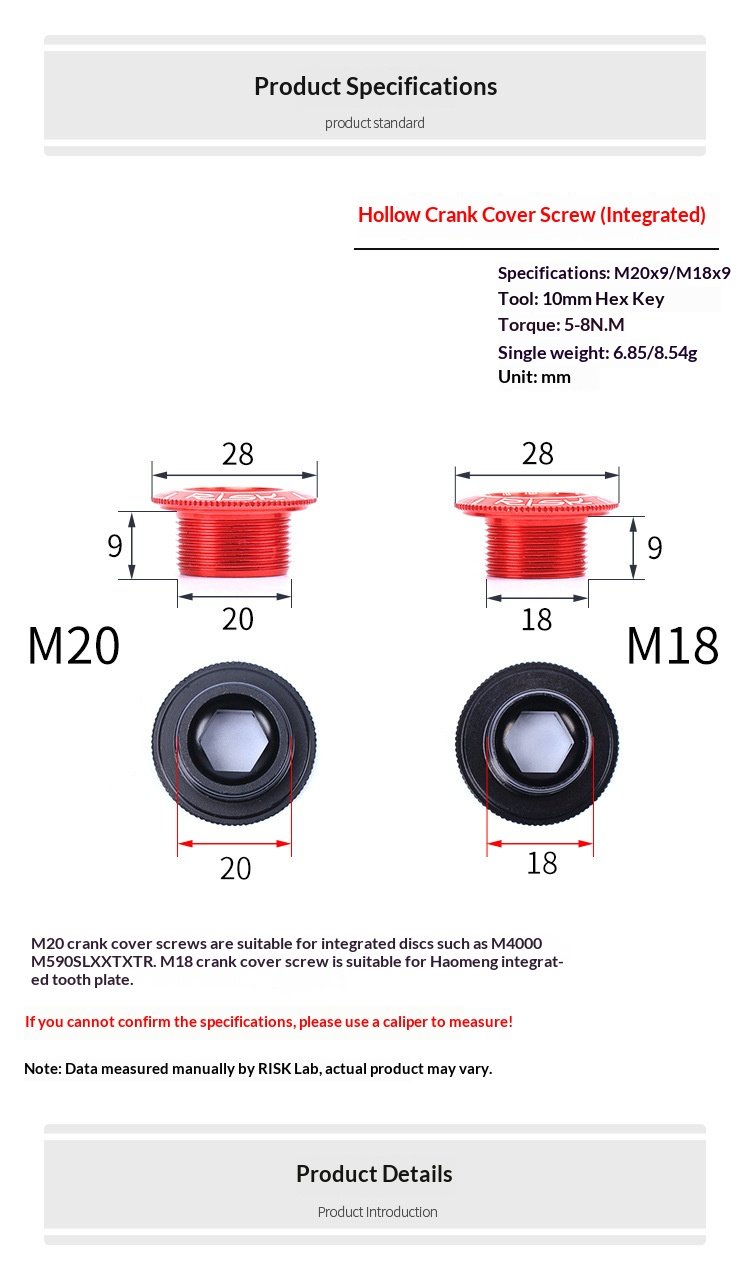 RISK 155 Aluminum Alloy Hollow Crank Arm Cap Bolt — M18/M20 × 9mm BB Bottom Bracket Dust Cover for Mountain & Road Bike, 10mm Hex Drive,
